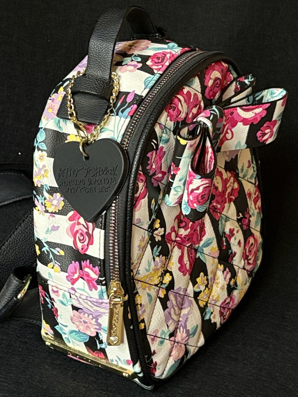 Betsey Johnson Black & White Striped with Floral Mini Backpack with Bow LIKE NEW